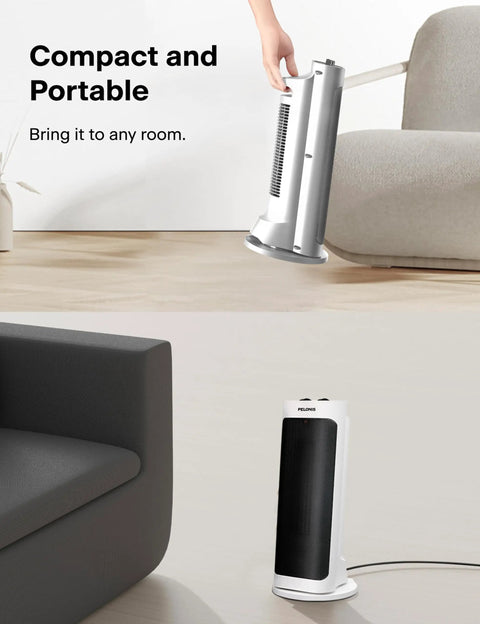 Person moving Powerful 1500W Ceramic Space Heater With Wide Oscillation, placed next to sofa in living room