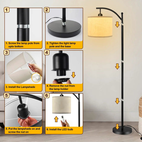 Assembly guide for arc floor lamp with lantern shade for farmhouse style living room and bedroom, black finish, 8W bulb included.