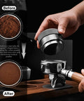Hands using 58mm Espresso Distributor with Adjustable Depth in stainless steel and walnut on portafilter for even extraction
