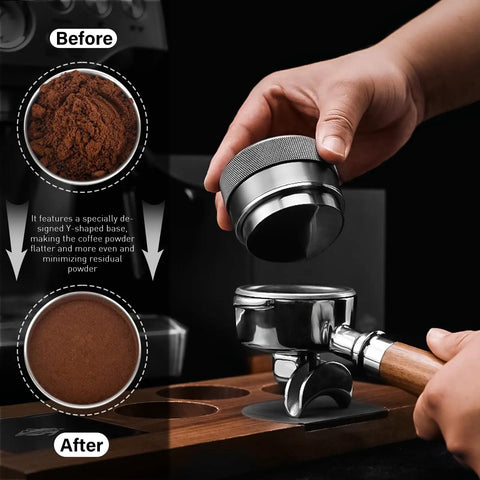 Hands using 58mm Espresso Distributor with Adjustable Depth in stainless steel and walnut on portafilter for even extraction