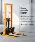 Manual hydraulic stacker with 2200 lbs load capacity and 63" max lift height in a warehouse setting.