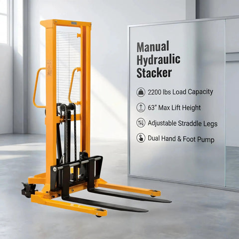 Manual hydraulic stacker with 2200 lbs load capacity and 63" max lift height in a warehouse setting.