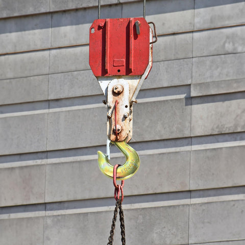 Six Pack Three Eighth Inch Clevis Slip Hooks With Safety Latch, G70 Forged Steel Chain Hooks on a crane, heavy duty