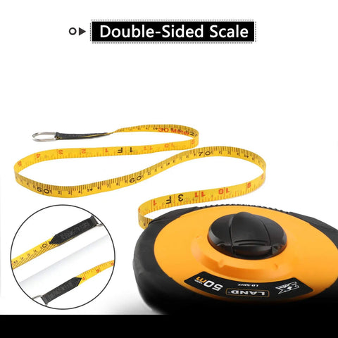 165 Feet Fiberglass Tape Measure With Dual Inch And Metric Scale, lightweight casing, and 50m double-sided yellow tape.