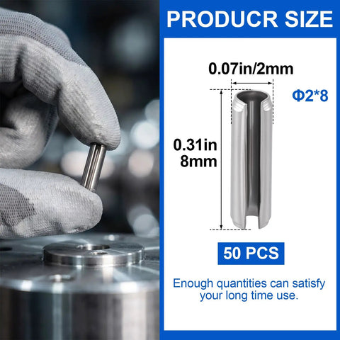 Close-up of stainless steel slotted spring pin, part of 50 Pack Slotted Spring Pins Made From Rock Solid 304 Stainless Steel Sized At 5 64 X 5 16 Inch With A Slick Silver Finish Top Shelf Garage Hardware For Heavy Duty Machinery Setup Guaranteed To Nail The Fit Every Time.