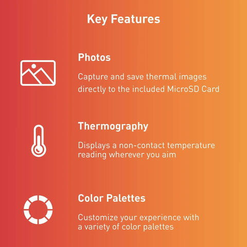 Key features of Compact All Purpose Thermal Imaging Camera For Android USB C include photos, thermography, color palettes.