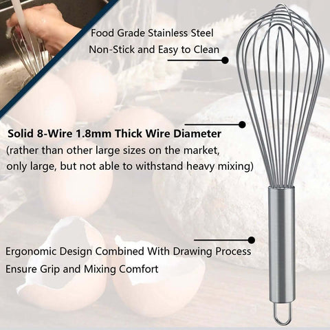 3 Pack Stainless Steel Balloon Whisks Set For Cooking, Blending, Beating And Stirring, Heavy Duty 8 Inch, Thick Wire, Non-Stick