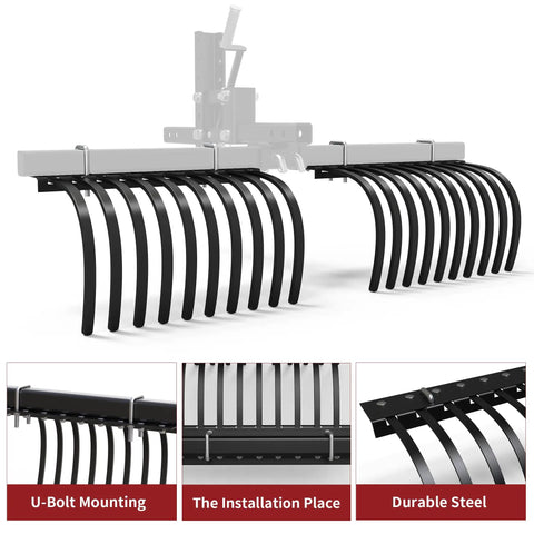 Workhorse Heavy Duty ATV UTV Landscape Rake Tool for rock, grass clumps, and debris cleanup with adjustable durability focus.