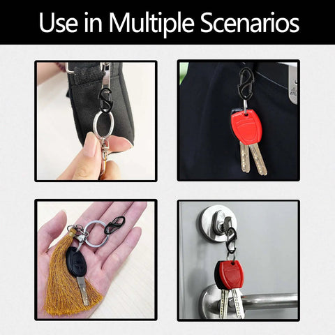 18 Pack Double Sided Spring Carabiner Clips used with keys, bags, and zippers, showing anti theft and flexible usage in multiple scenarios.