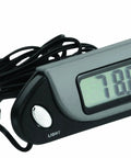 Bell Automotive Slimline thermometer and clock for cars; gray plastic housing with digital display and external sensor.