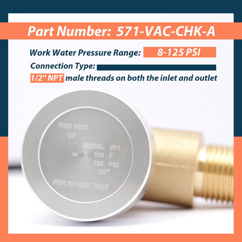 Close-up of Brass RV Vacuum Breaker Check Valve For Camper Trailer Flusher One Half Inch DN Backflow Prevention