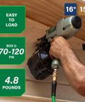 Pro Grade Coil Siding Nailer for Sheathing Decking and Fencing with 15 Degree Plastic Collated and 16 Degree Wire Coil Nails in use