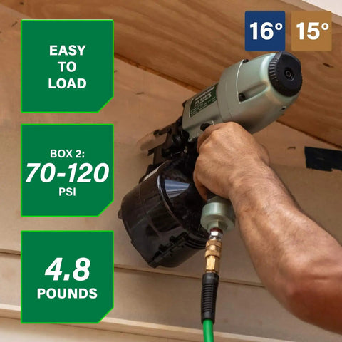Pro Grade Coil Siding Nailer for Sheathing Decking and Fencing with 15 Degree Plastic Collated and 16 Degree Wire Coil Nails in use