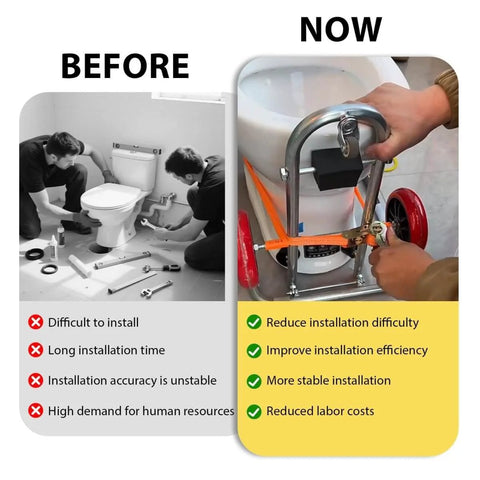 Portable Toilet Installation Lift Jack And Foldable Dolly for Easy Toilet Moving shown in use with before and after comparison
