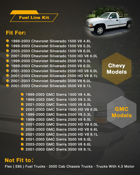 Durable Nylon Fuel Line Repair Kit fitment for 1999-2003 Chevy Silverado GMC Sierra pickups 4.8L 5.3L 6.0L 8.1L V8 models