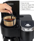 Hand placing Gold Mesh Reusable Coffee Filter For 8 To 12 Cups No More Paper Filters This Eco Friendly Basket Style Filter Is Compatible With Keurig K Duo Essentials And K Duo Brewers BPA Free 1 Pack into coffee maker