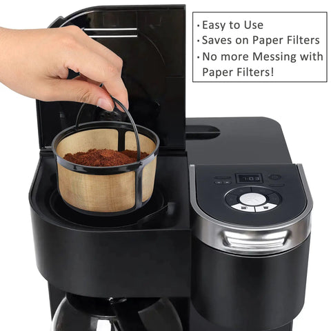 Hand placing Gold Mesh Reusable Coffee Filter For 8 To 12 Cups No More Paper Filters This Eco Friendly Basket Style Filter Is Compatible With Keurig K Duo Essentials And K Duo Brewers BPA Free 1 Pack into coffee maker