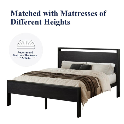 Built Like A Tank Queen Size Bed Frame Featuring Heavy Duty Steel Slats Black Oak Rustic Headboard Footboard 800 Pound Capacity Zero Squeak Platform Base, shown with mattress recommendations.