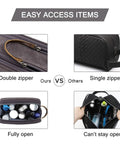 Comparison of grey double zipper and black single zipper bags with open views, highlighting Canvas Travel Toiletry Bag For Men With Elastic Band Dopp Kit Water Resistant Organizer For Toiletries And Grooming Essentials Large Capacity Grab And Go 10 To 12 Inch Luggage Grey Medium.