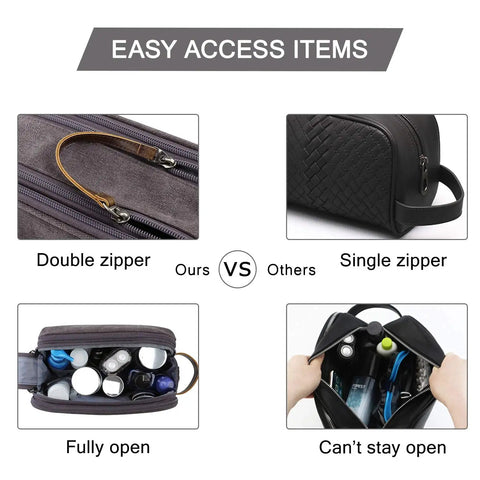 Comparison of grey double zipper and black single zipper bags with open views, highlighting Canvas Travel Toiletry Bag For Men With Elastic Band Dopp Kit Water Resistant Organizer For Toiletries And Grooming Essentials Large Capacity Grab And Go 10 To 12 Inch Luggage Grey Medium.
