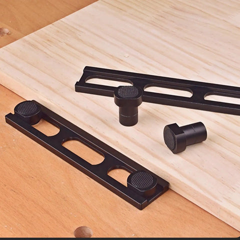 Woodworking Planing Stop Set Of 12 Pro Grade Durable Aluminum Alloy Clamps on wood board, visible 19mm size and non-slip pads
