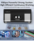 Image of High Power Auto Vacuum Sealer With 95KPa Vacuum No Fuss Dry Wet Detection Built In Bag Cutter Includes Two Rolls Of Bags And One Hundred Precut Bags Effortless Operation In Sleek Silver And Black showing control panel and key features illustrations.
