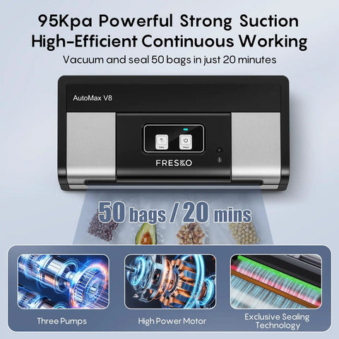 Image of High Power Auto Vacuum Sealer With 95KPa Vacuum No Fuss Dry Wet Detection Built In Bag Cutter Includes Two Rolls Of Bags And One Hundred Precut Bags Effortless Operation In Sleek Silver And Black showing control panel and key features illustrations.