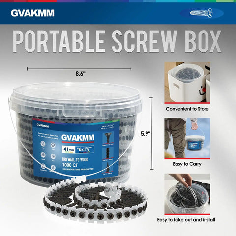 Heavy Duty Drywall To Wood Screws, Size 6 By 1-5/8 Inch Collated Fasteners, 1000 Count in clear storage bucket.