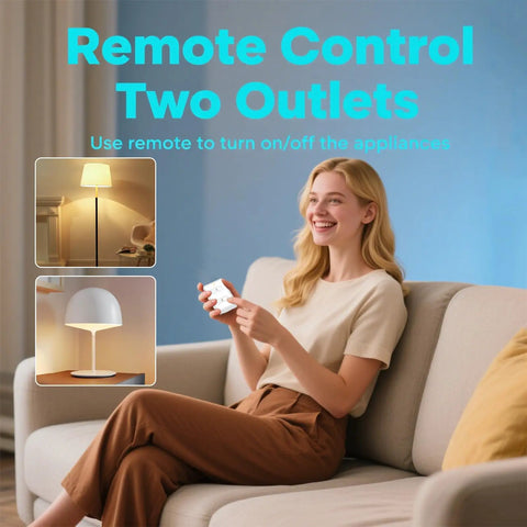 Two Pack Mini Wireless Remote Outlet Plug Adapter With Remote 2 Channel Wall Switch in use to control lamps indoors