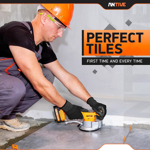 Worker using Cordless Tile Vibration Tool Kit With Dual 20V Batteries for Pro Grade, Precise Tile Leveling and Installation