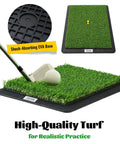 Dual Turf Golf Hitting Mat With Replaceable Surfaces And Tees, shock-absorbing EVA base, golf club hitting ball on mat
