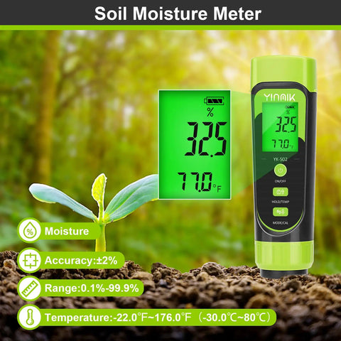 4 In 1 Soil PH Moisture EC Tester With Temperature for indoor outdoor garden, displaying moisture and temperature readings on screen.