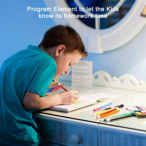 Child doing homework at desk with colorful pencils, under soft white Zigbee Smart Bulb With Built In Hub BR30 Dimmable Flood Light