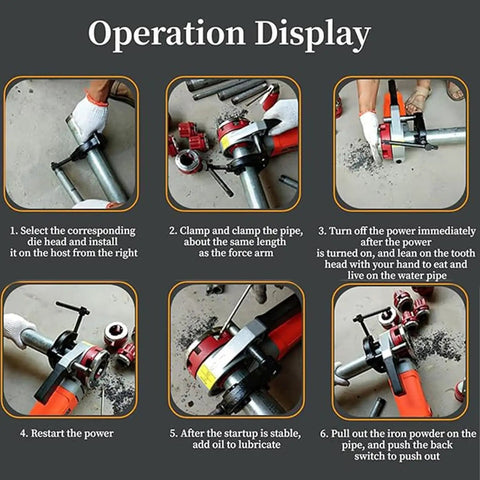 Operation display of No Sweat 2300W Electric Pipe Threader With Six Die Head Kit for threading steel and copper pipes.