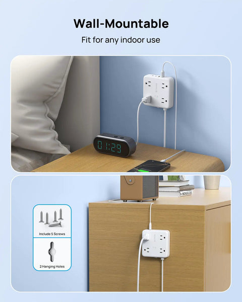 Two Prong Power Strip With Five Foot Cord 1440J Surge Protector Eight In One Charging Station mounted beside a bed