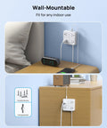 Two Prong Power Strip With 10Ft Cord And 1440J Surge Protector Turns One Old Two Hole Outlet Into Four 3 Prong Outlets And Four USB Ports Wall Mount White, mounted on wall, powering clock and phone, includes screws for mounting.