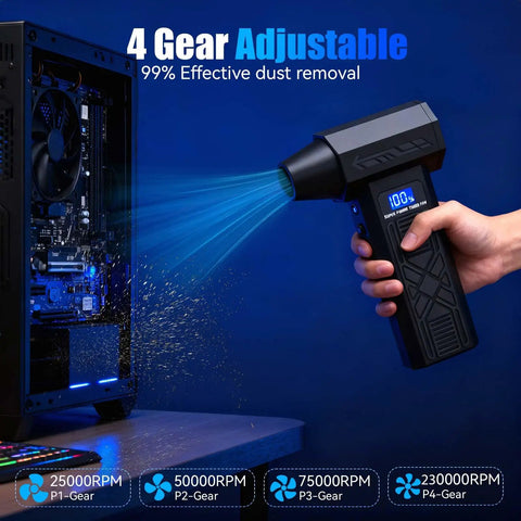 Three In One Electric Air Duster with Four Gear Adjustable Powerful Handheld Blower cleaning a computer case.