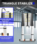 Telescoping Ladder 26 Point 2 Ft Heavy Duty Aluminum Reach For Roof Access Attic And Loft Work Exterior Property Maintenance Removable Hooks For Easy Positioning Rectangular Design with triangle stabilizer and balance bar