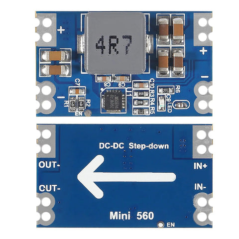 Five Volt Five Amp Mini560 Buck Converter Module For DIY Projects, High Efficiency Step Down DC-DC Regulator From 7V To 20V Input, Stable 5V Output shown in blue rectangular design with labeled input and output connections.