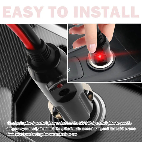 3Ft Cigarette Lighter Extension Cable With Glowing Led Indicator And Rock Solid 15Amp Rating For Your Daily Driver Featuring 16Awg Wire Gauge being plugged into a car's cigarette lighter socket.