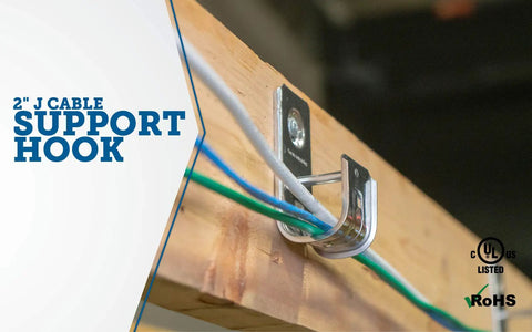 Two Inch Cable Support J Hook For Data Cabling, Holds Up To 80 Cat 5E Wires, Zinc Plated Steel mounted on wall with cables
