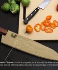 Magnetic Wood Saya Cover for Gyuto Knife 8.25 Inch Blade Protector 210mm next to cutting board with vegetables.