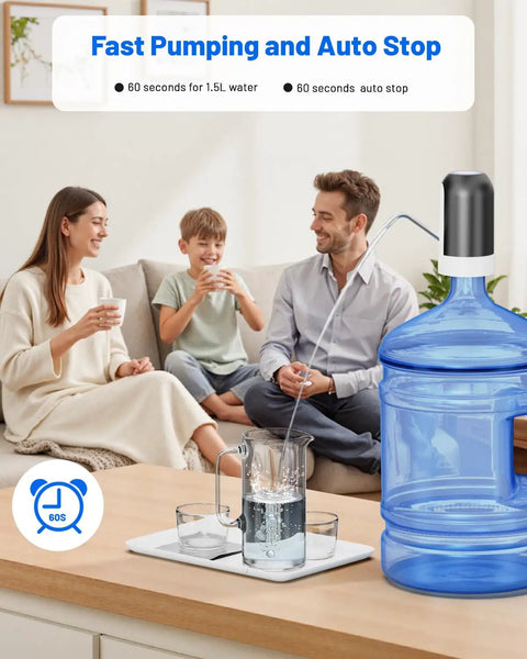 Family using Portable USB Powered Water Pump For 3 To 5 Gallon Jugs, Electric Drinking Water Dispenser For Home Kitchen Office And Camping