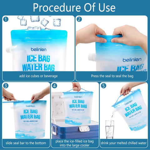 Step-by-step use of 6 Pack Reusable Ice Bags For Cooler 11x14 Inches Each Hold 5 Pounds Of Ice Leakproof sealed sliding handle