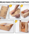 Step-by-step guide for folding a 24 Pack Large Kraft Paper Bread Bag With Clear Window For Homemade Bread And Sourdough.