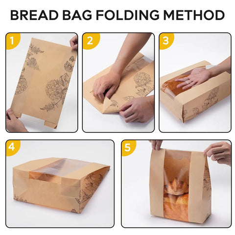 Step-by-step guide for folding a 24 Pack Large Kraft Paper Bread Bag With Clear Window For Homemade Bread And Sourdough.