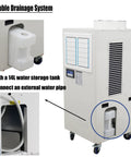 Workhorse Industrial Spot Cooler Dropping 20400 BTU with 14L storage tank and double drainage system for efficient cooling.