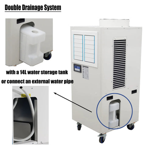 Workhorse Industrial Spot Cooler Dropping 20400 BTU with 14L storage tank and double drainage system for efficient cooling.