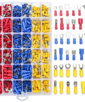 840 Piece Insulated Wire Connectors Kit With Mixed Butt Ring Fork Spade Bullet Quick Disconnects, Crimp Terminals For Auto And Home Wiring, Copper Tin Plated, AWG 22 To 10, DIY Electrical Terminal Set displayed in a transparent box with red, blue, yellow connectors