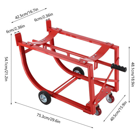 Heavy Duty Drum Cradle With Wheels Handles 600lbs Moving 55 Gallon Barrels Easy Around Shop Fab Garage Warehouse Sturdy Steel Frame showing dimensions and red steel construction.